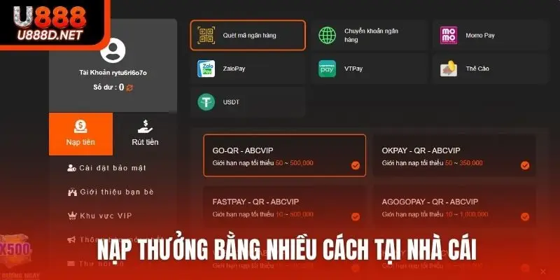 Nạp thưởng bằng nhiều cách tại nhà cái
