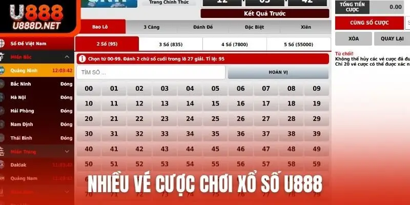 Nhiều vé cược chơi xổ số U888