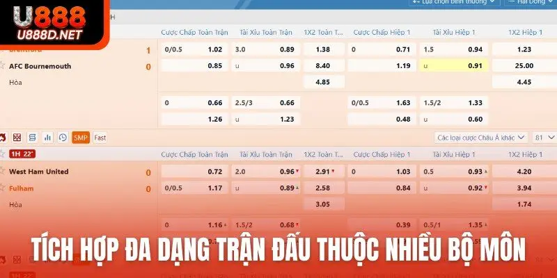 Tích hợp đa dạng trận đấu thuộc nhiều bộ môn
